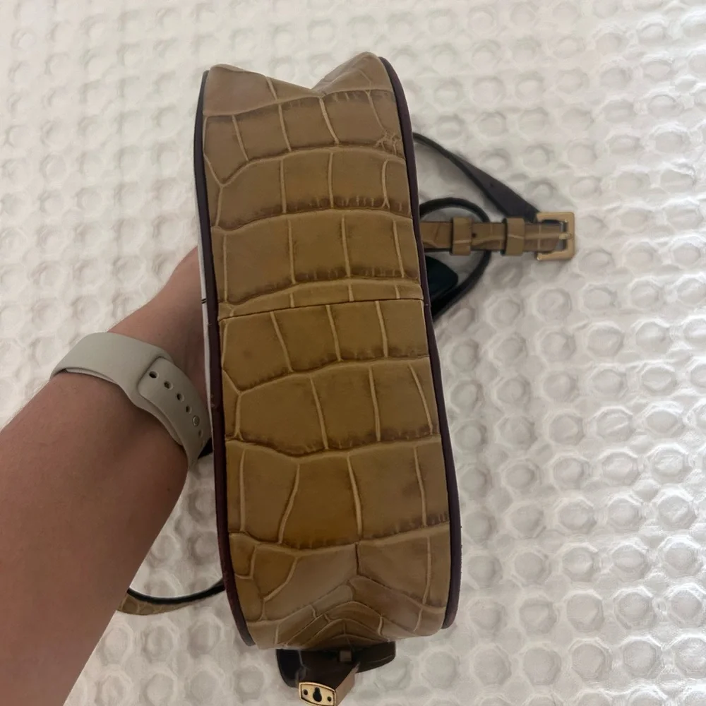 J. Crew Purple and Brown Colorblocked Croc Embossed Leather Crossbody Bag